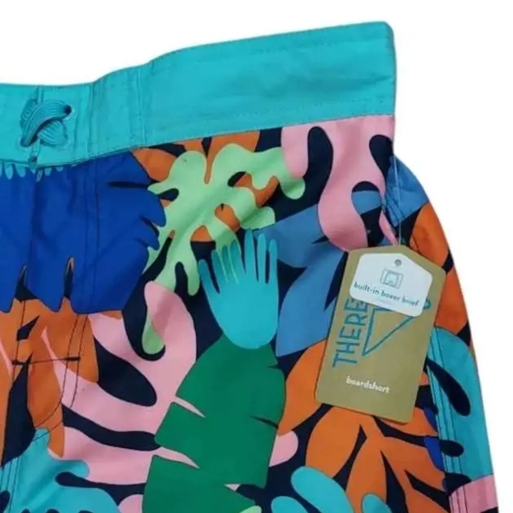 NWT Boys Turquoise Tropical Print Swim Trunks with BUILT IN BOXER ~XL 18/20